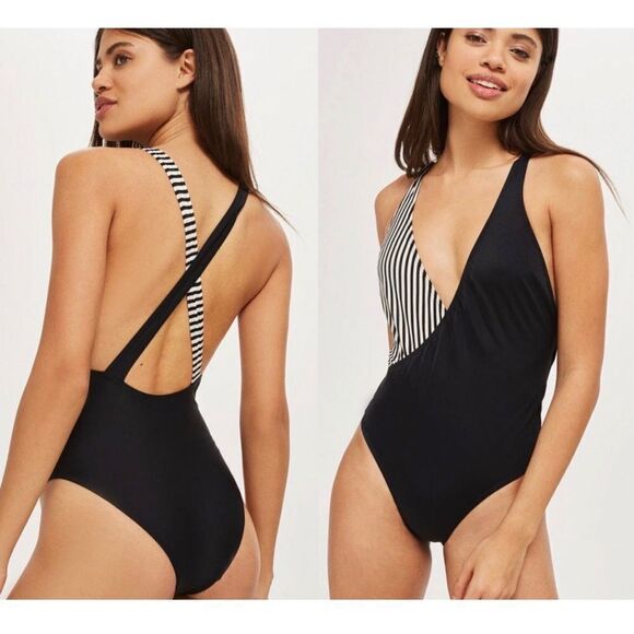 Topshop Swimsuit Womens 6 Black Striped Crossback Monochrome V Neck - Picture 2 of 6